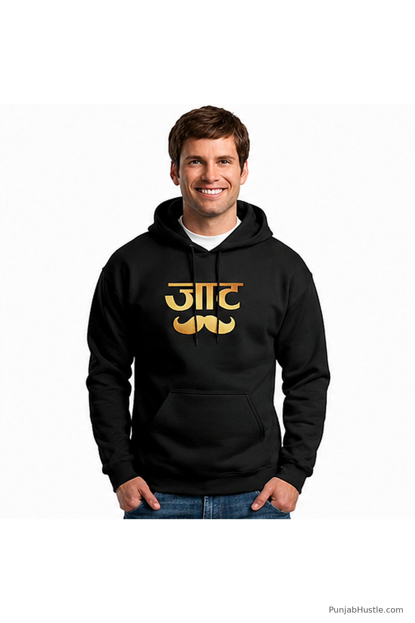 Black Jaat Punjabi hoodie with gold जाट moustache print shown from the front.
