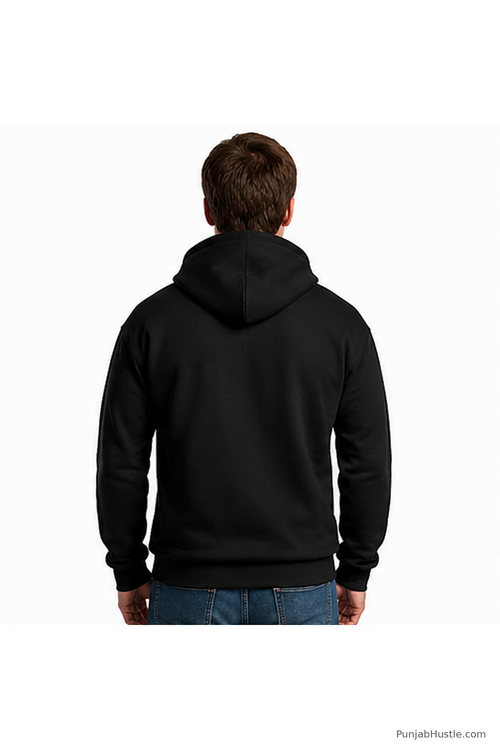 Back view of black Jaat Punjabi unisex cotton hoodie with hood and long sleeves.