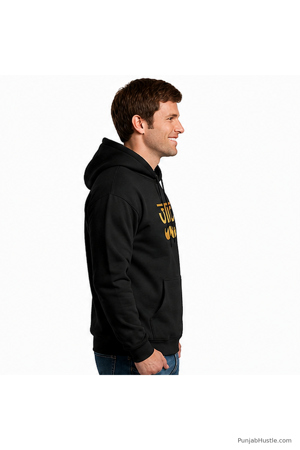 Side view of black Jaat Punjabi hoodie showing hood, sleeve and regular fit.