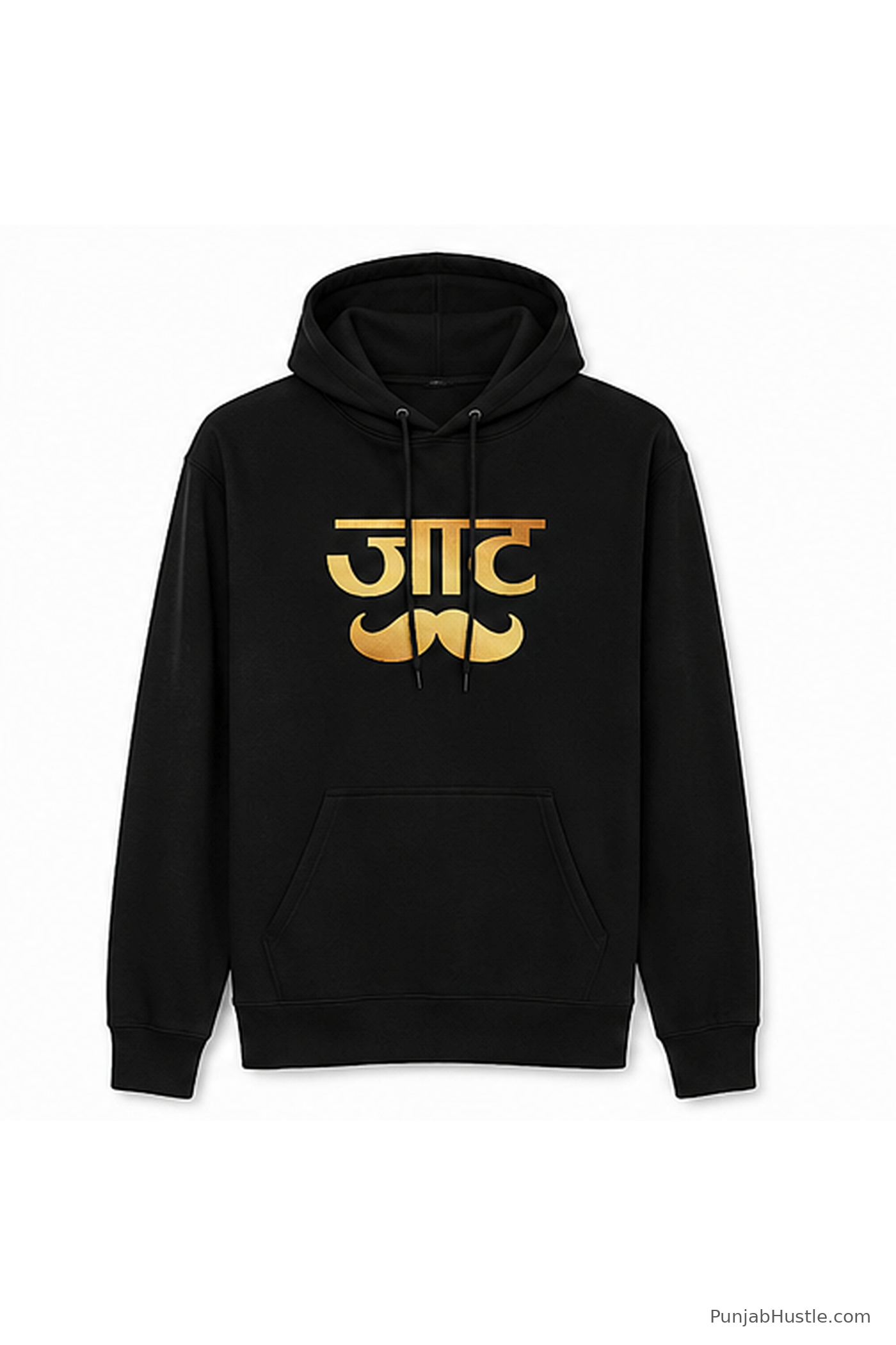 Black Jaat Punjabi cotton hoodie with gold जाट and moustache chest graphic.