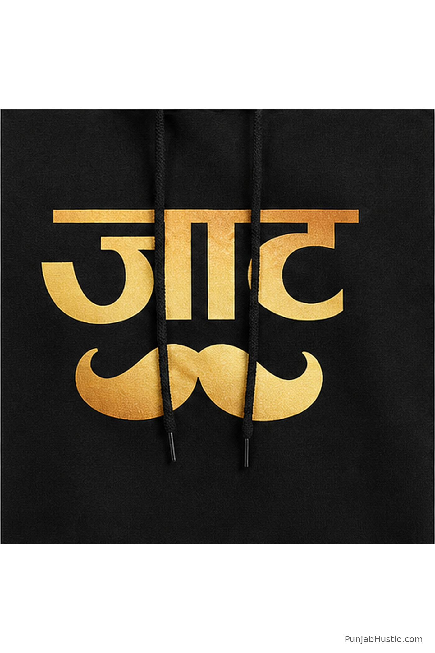 Close-up of gold जाट moustache graphic printed on black Punjabi hoodie.
