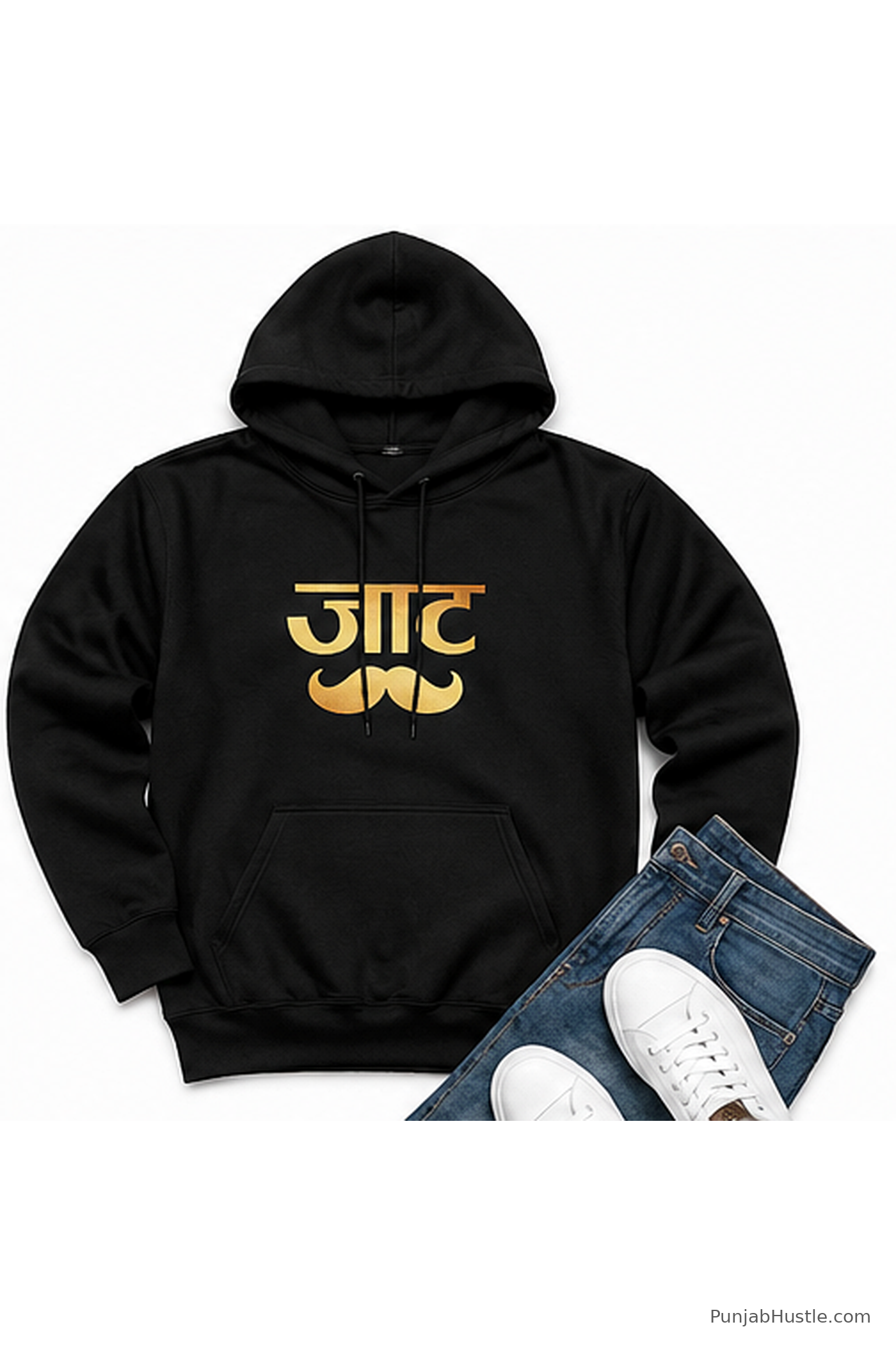 Black Jaat Punjabi hoodie flat lay styled with jeans and sneakers on white background.