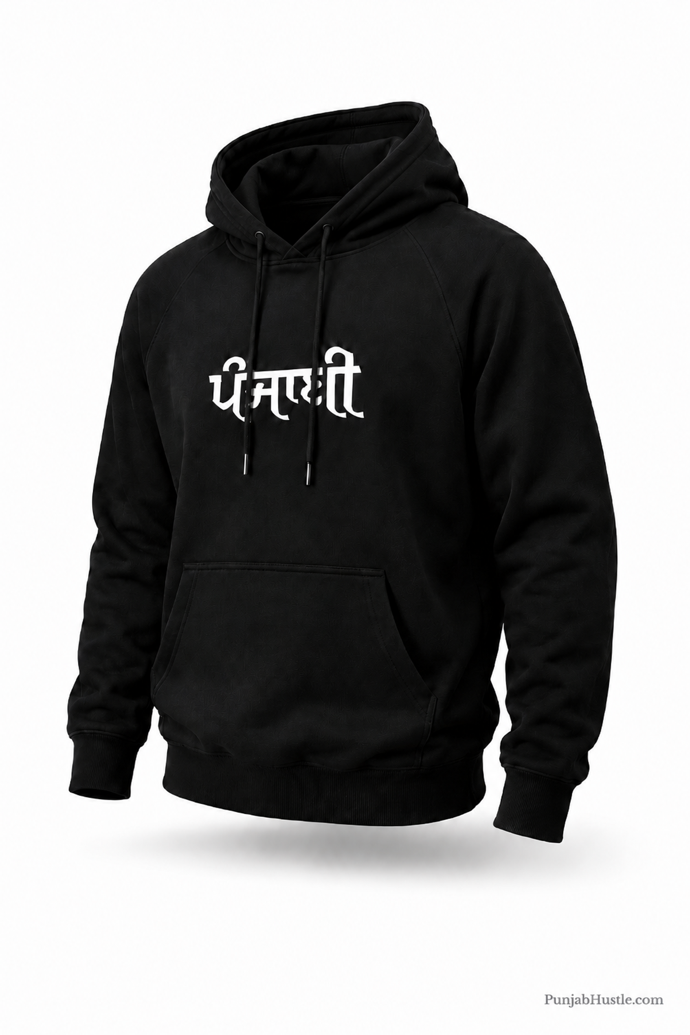 Black Punjabi fleece hoodie with bold white ਪੰਜਾਬੀ chest print, shown from an alternate front angle.