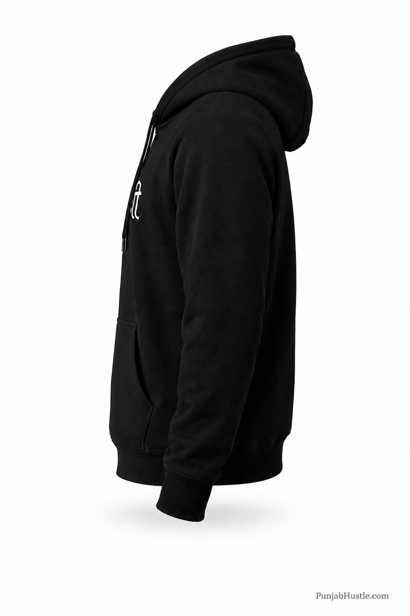 Side profile of a black Punjabi hoodie featuring a hood, long sleeve, ribbed hem and kangaroo pocket.