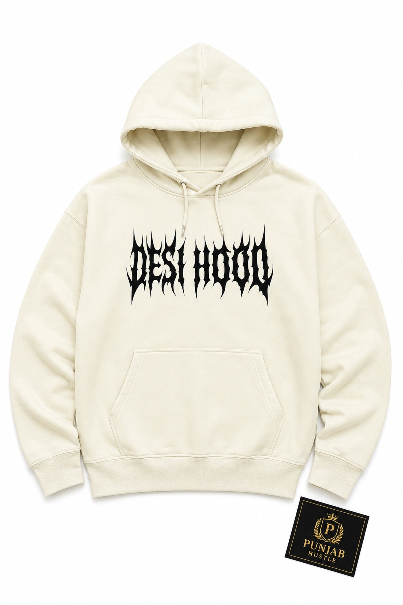 Cream scorpion graphic hoodie flat lay on white background with Punjab Hustle branding.