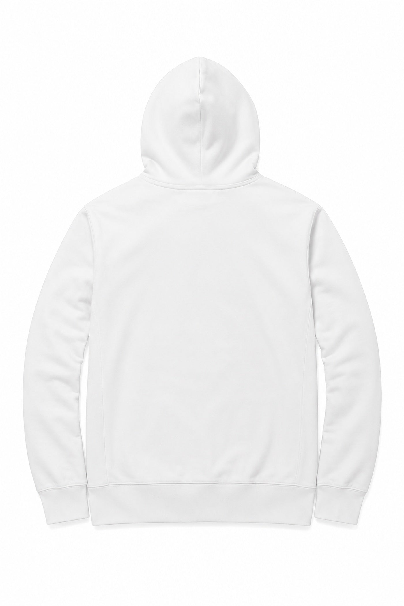 Plain back view of white Majnu Bhai unisex cotton hoodie.