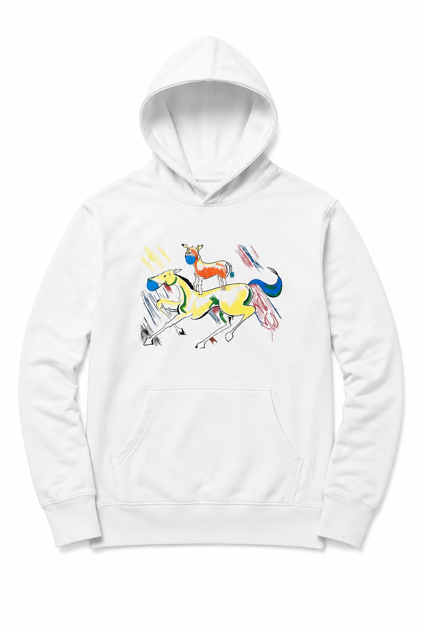 White Majnu Bhai painting graphic hoodie displayed on a clean white background.