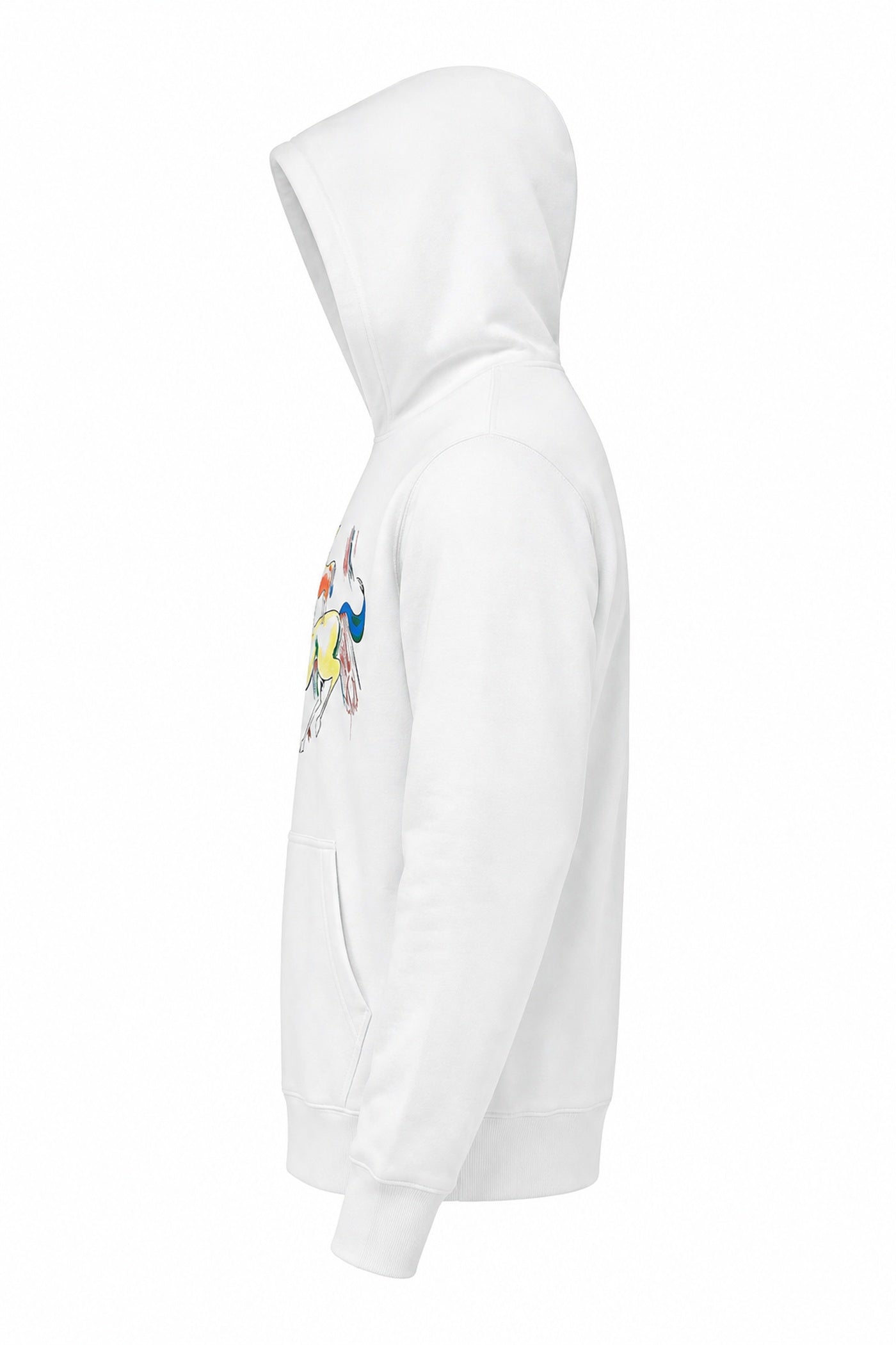 Side view of white Majnu Bhai graphic hoodie showing hood, sleeve and regular fit.