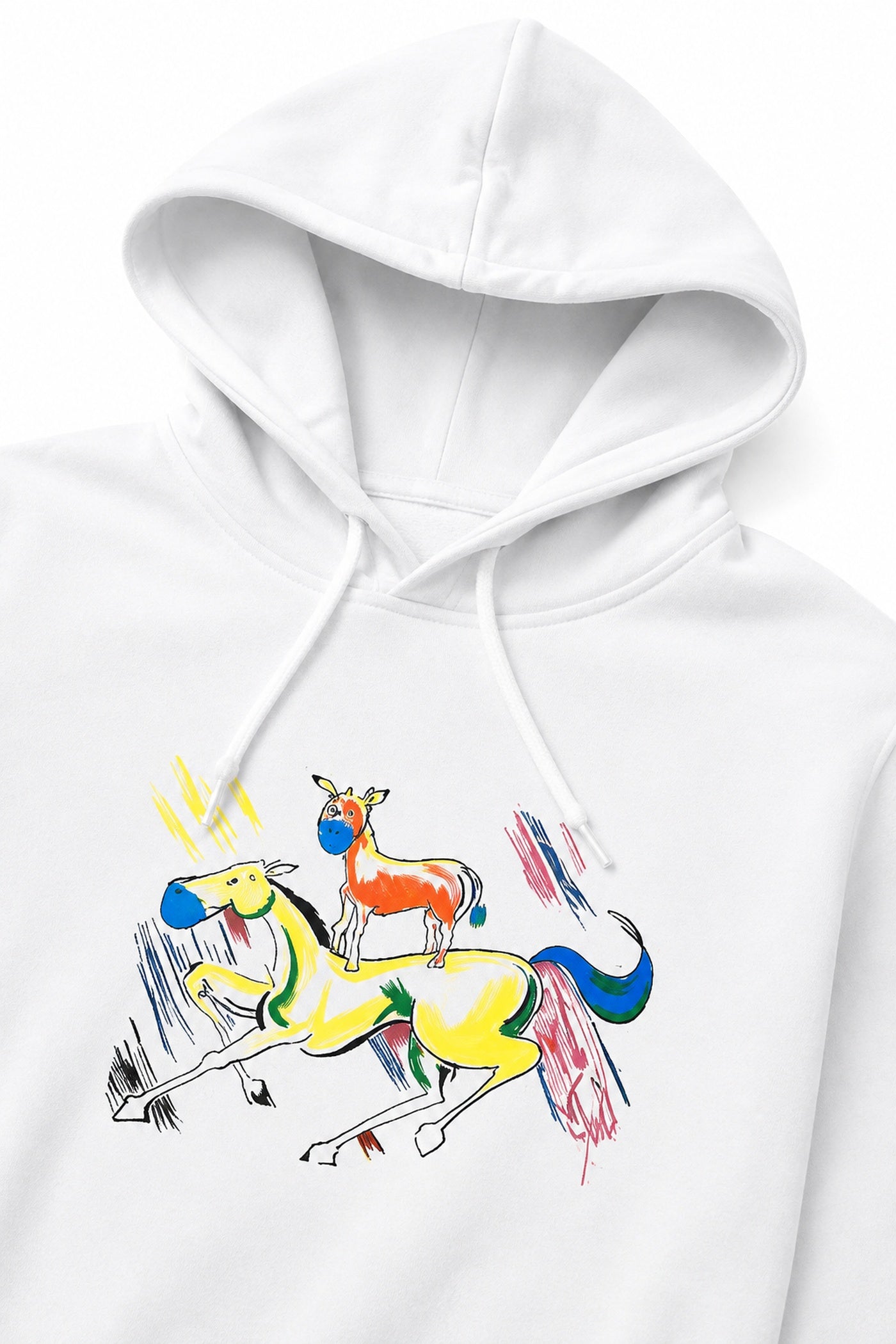Close-up of colourful Majnu Bhai horse painting DTG print on white cotton hoodie.
