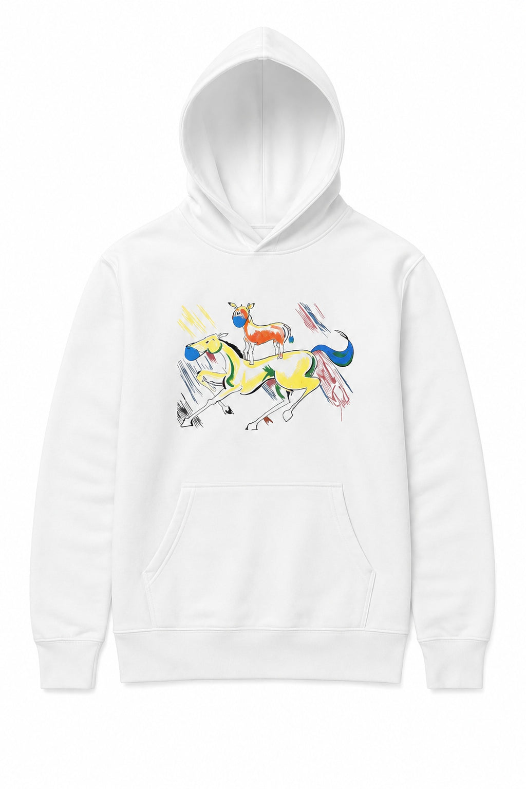 White Majnu Bhai graphic hoodie with colourful horse painting shown from the front.
