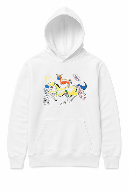 White Majnu Bhai graphic hoodie with colourful horse painting shown from the front.
