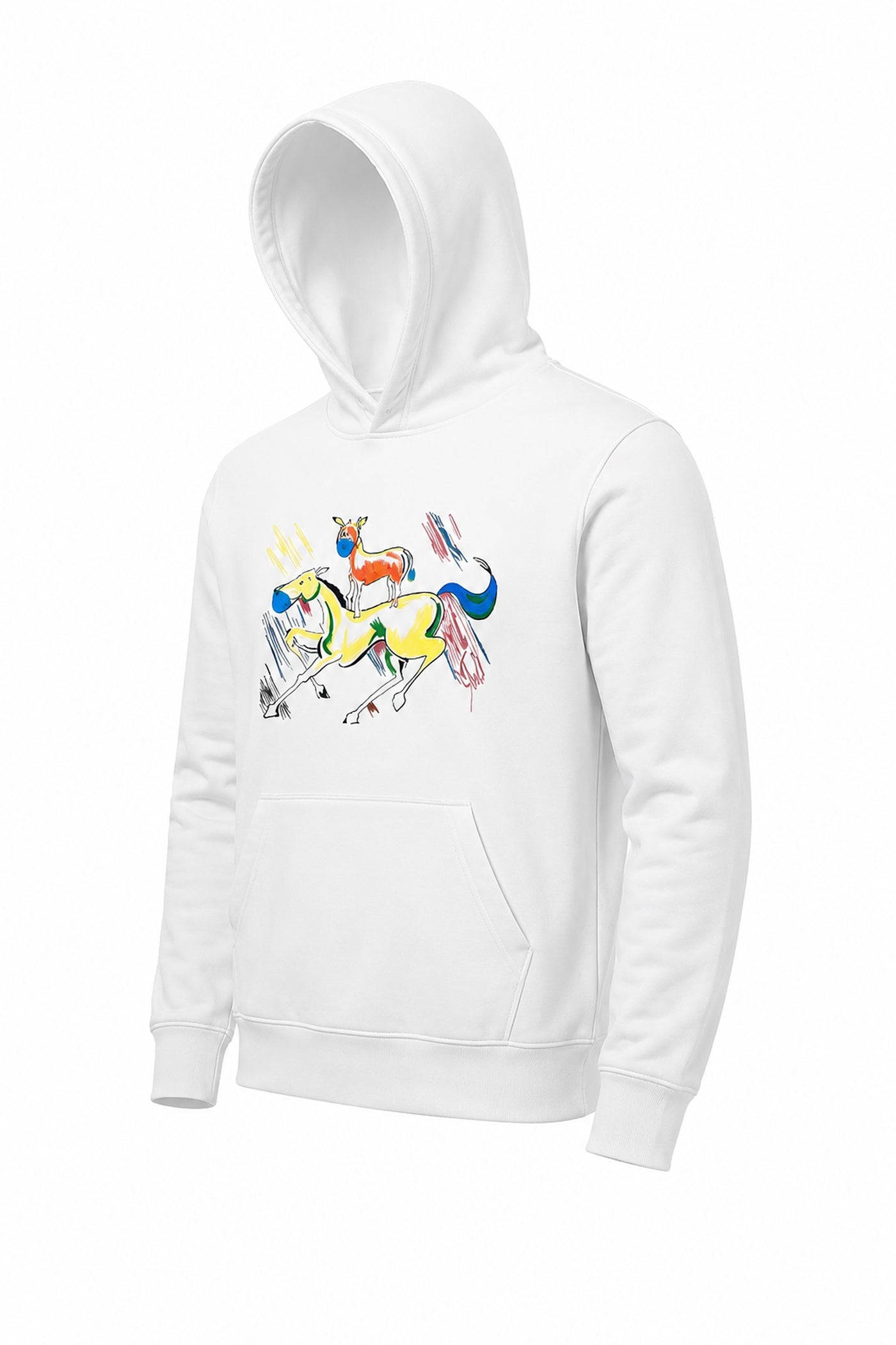 Three-quarter front view of white Majnu Bhai hoodie with colourful painting graphic.
