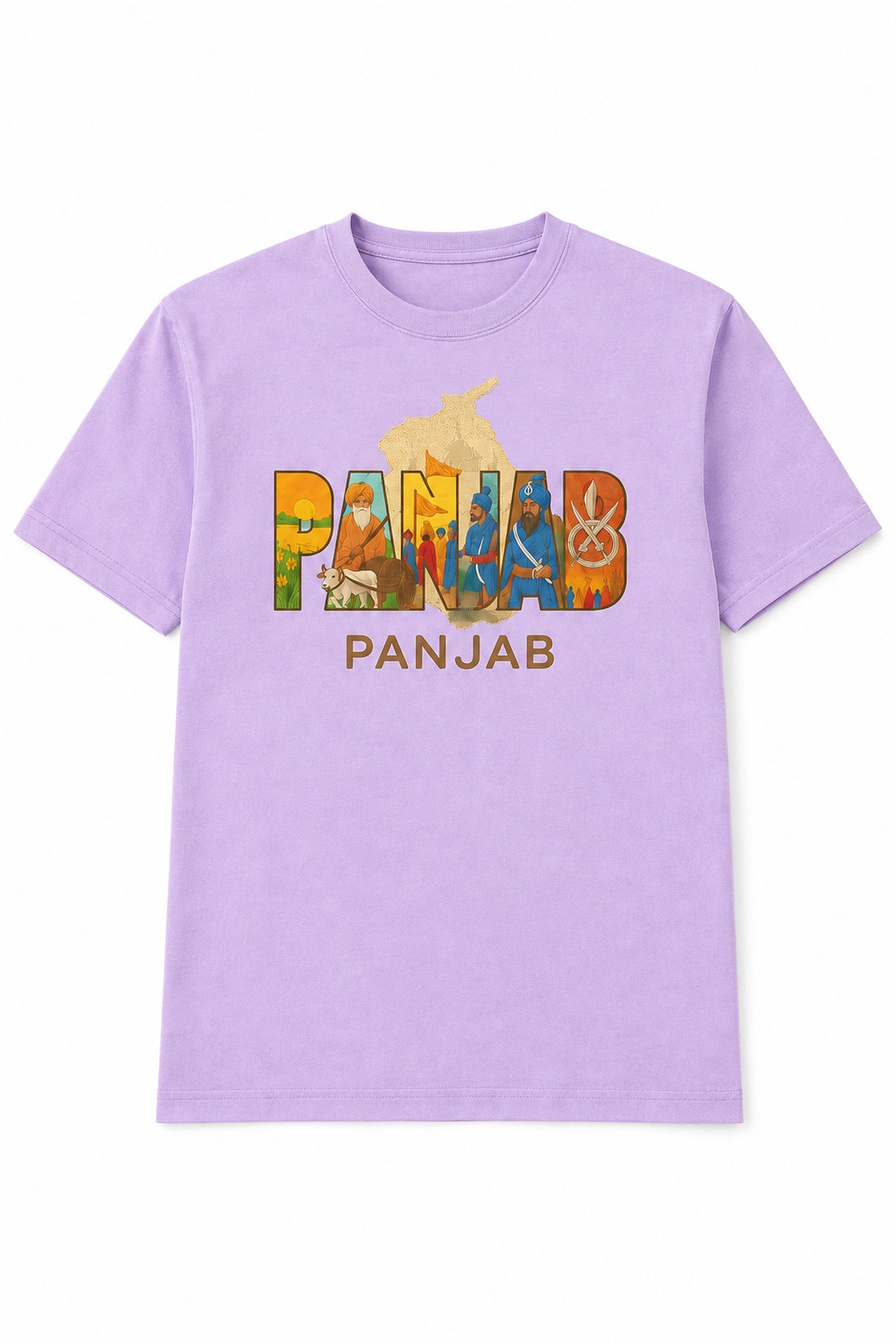 Lavender Panjab heritage graphic T-shirt displayed flat on white background.