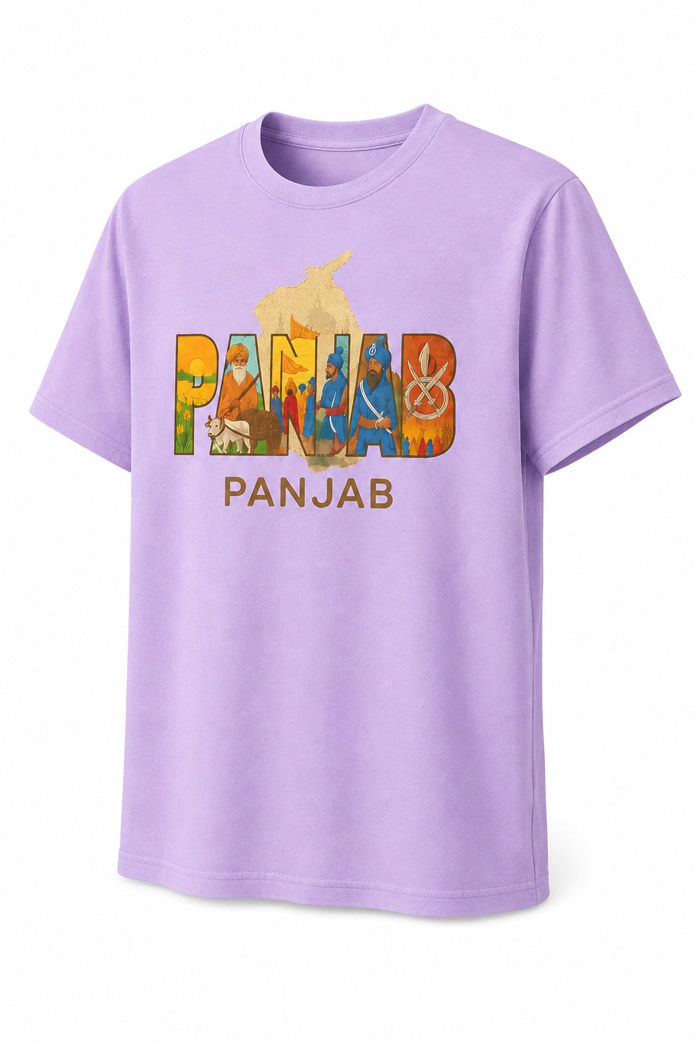 Three-quarter view of lavender Panjab heritage graphic T-shirt.