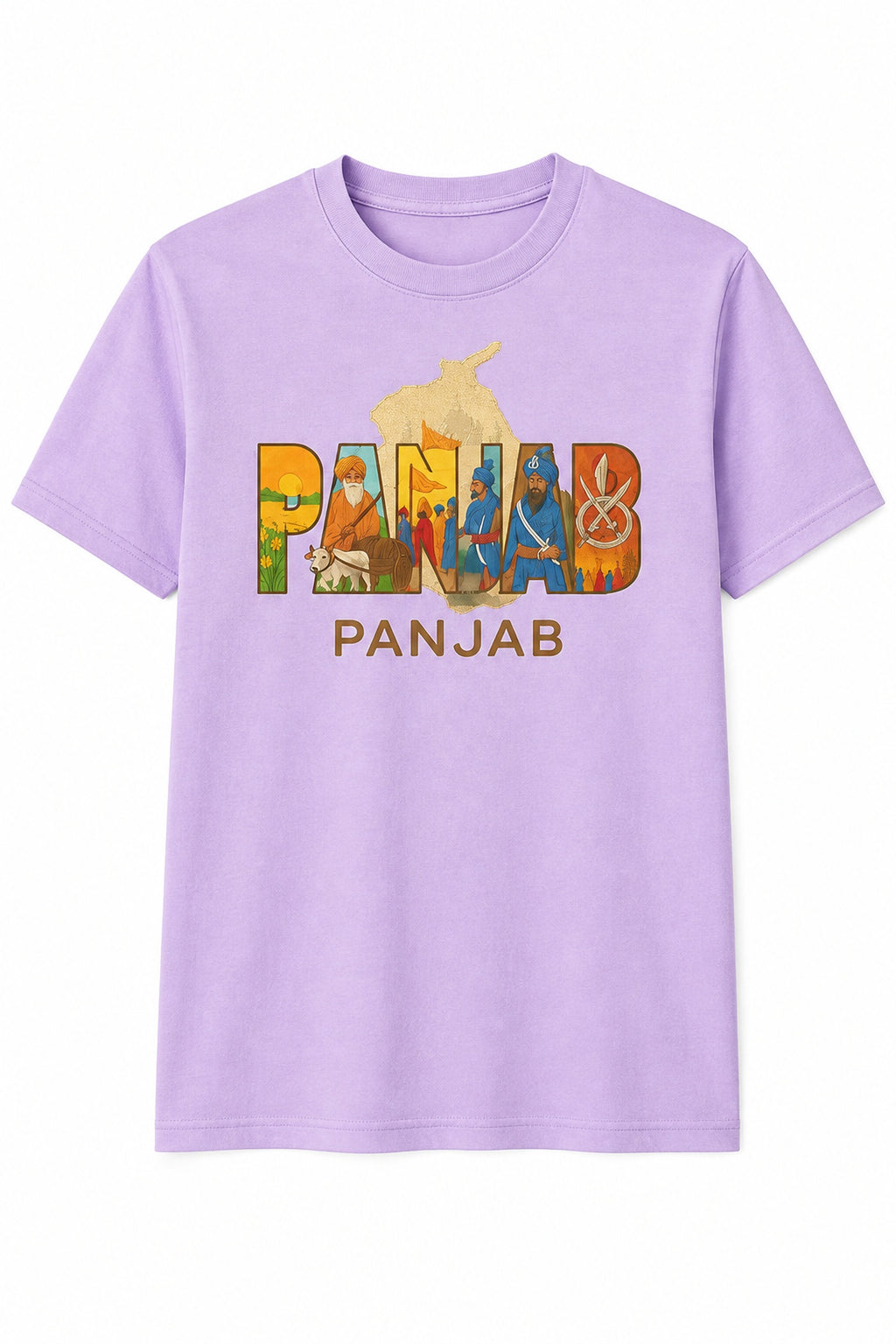 Lavender Panjab heritage graphic T-shirt with colourful cultural artwork shown from the front.