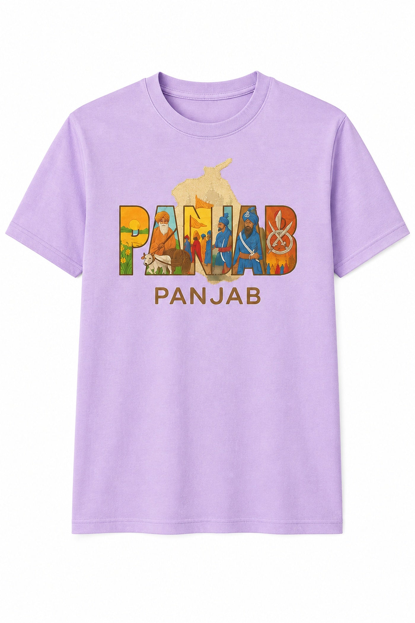 Lavender Panjab heritage graphic T-shirt with colourful cultural artwork shown from the front.