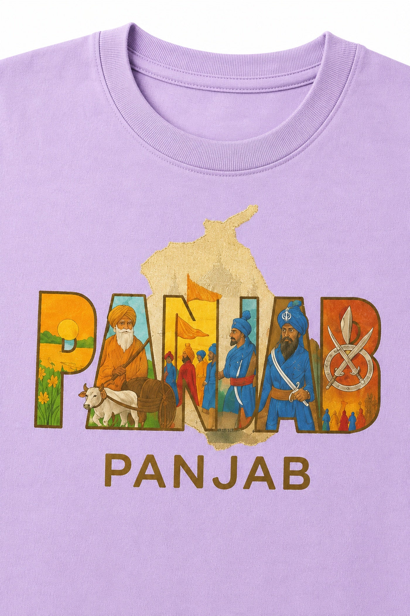 Close-up of Panjab cultural heritage artwork printed on lavender T-shirt.