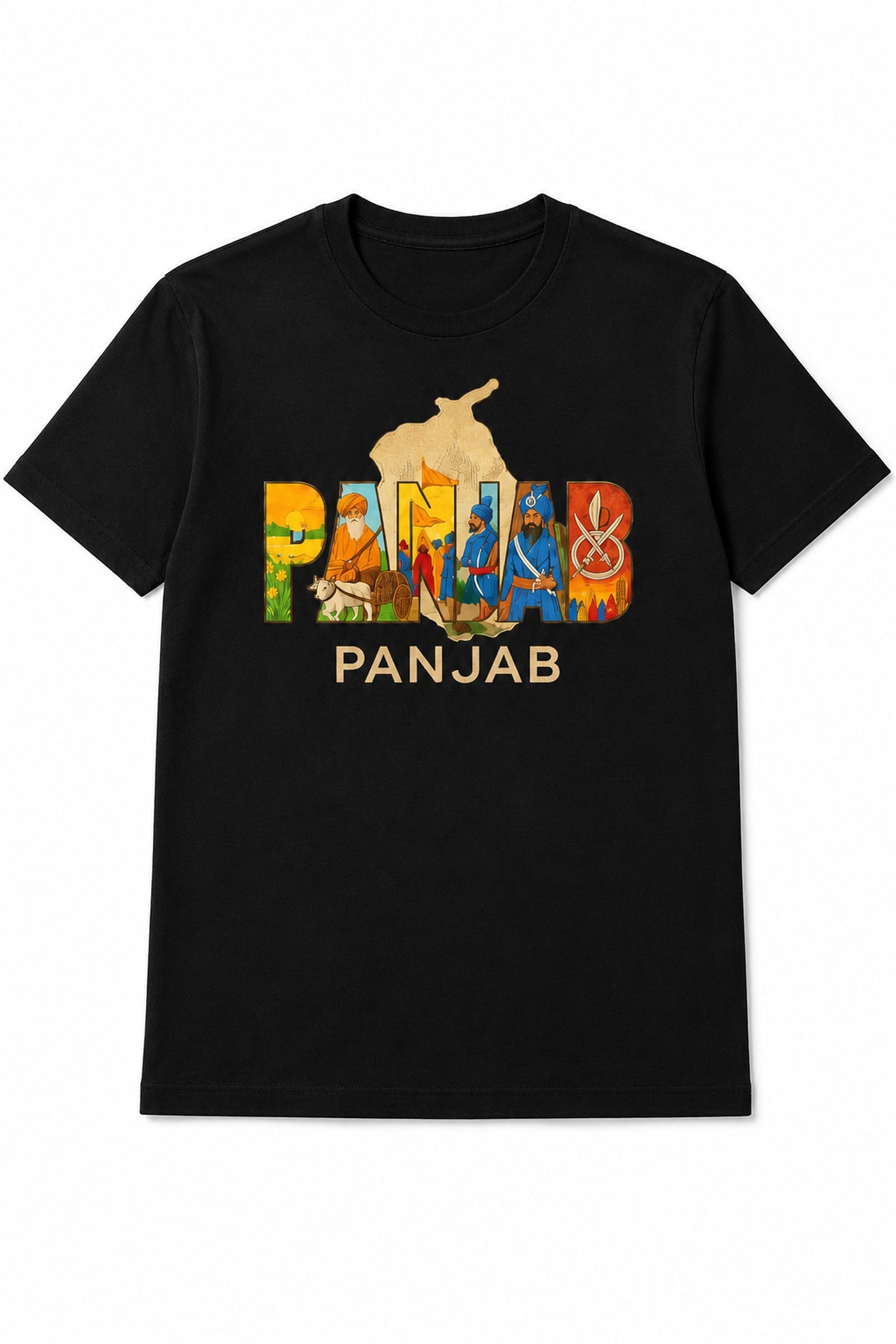 Black Panjab heritage graphic T-shirt displayed flat on white background.
