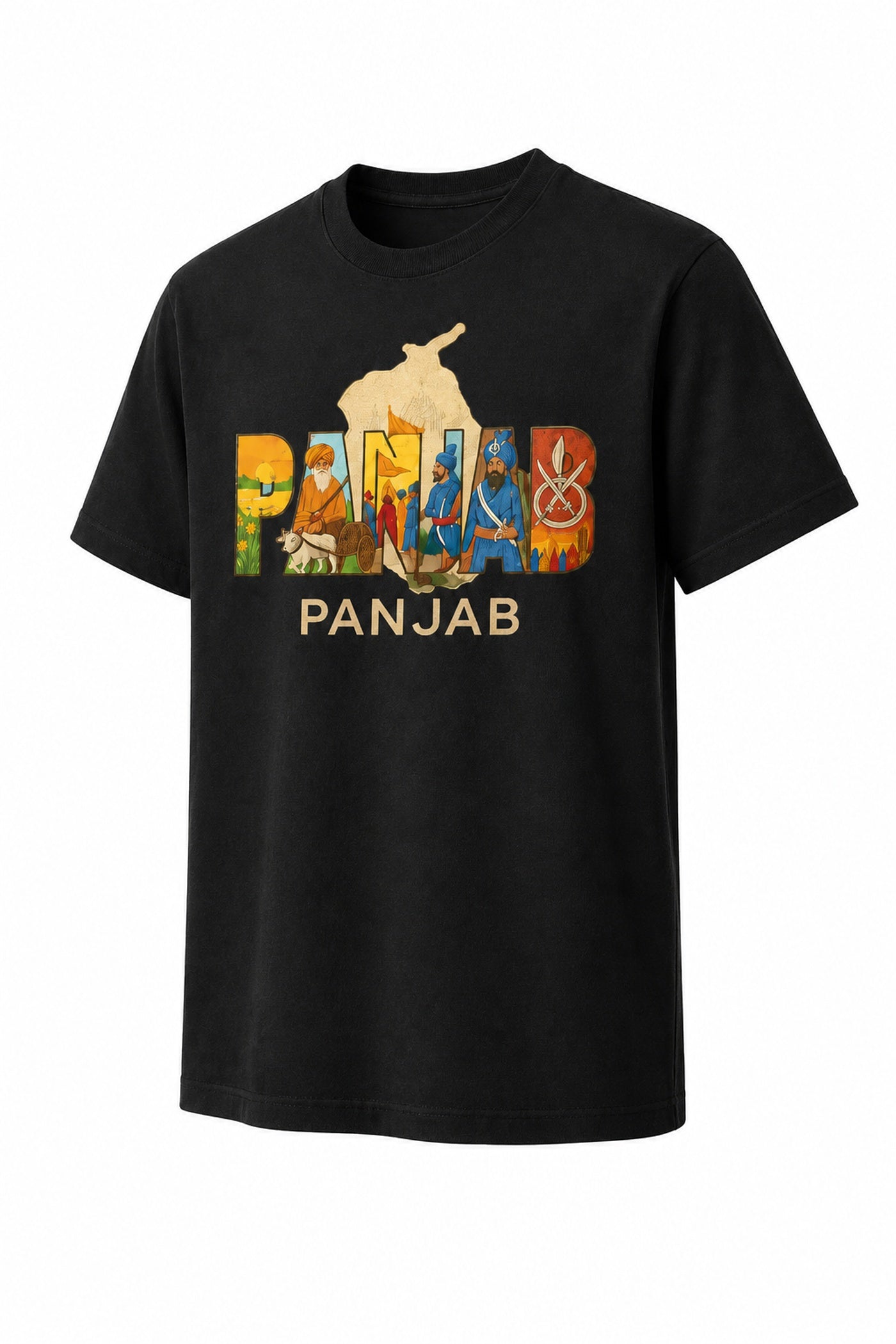 Three-quarter view of black Panjab heritage graphic T-shirt with cultural front artwork.

