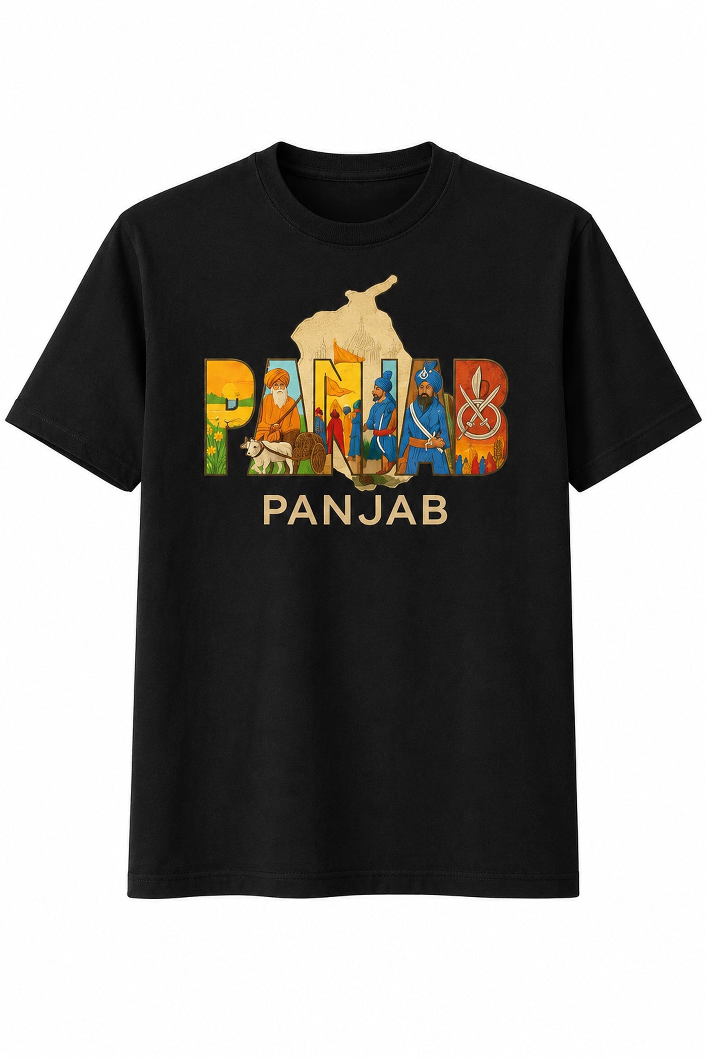 Black Panjab heritage graphic T-shirt with colourful cultural artwork shown from the front.