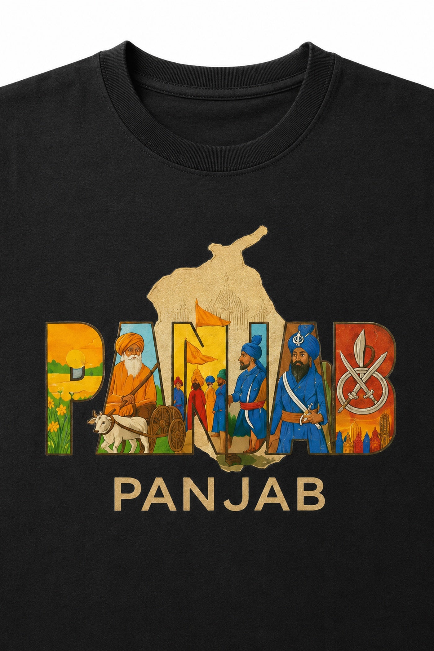 Close-up of colourful Panjab map and heritage artwork printed on black T-shirt.
