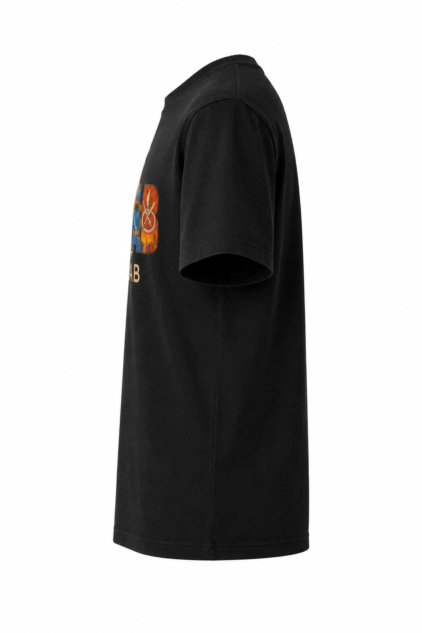 Side view of black Panjab heritage short-sleeve graphic T-shirt.
