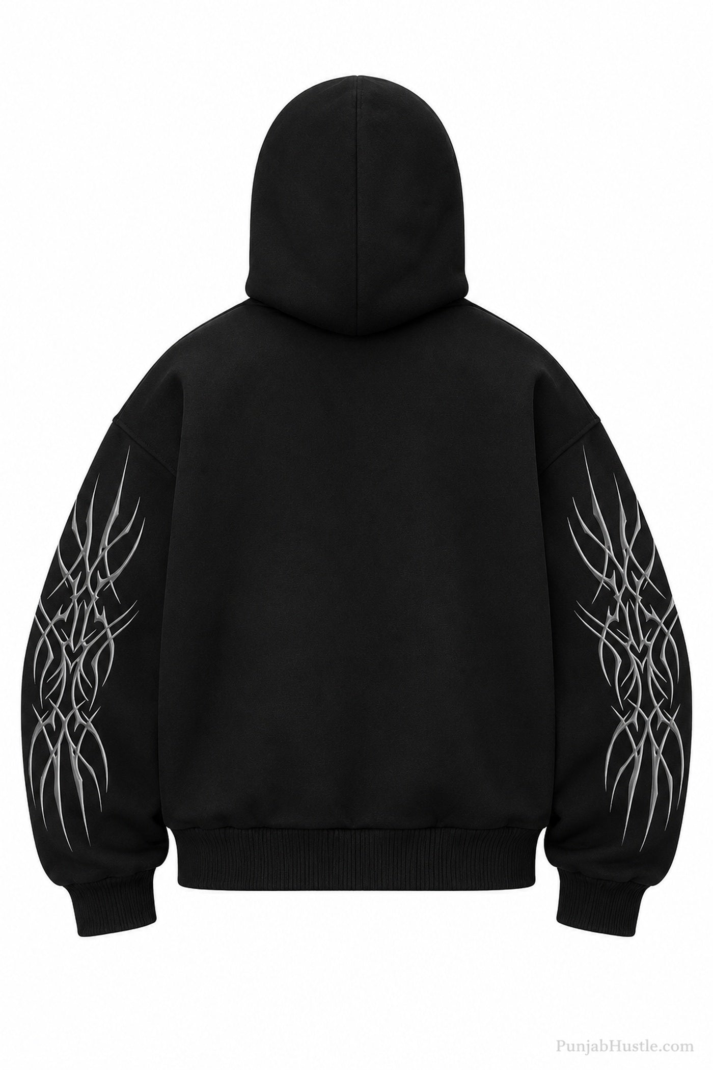 Back view of black ninja balaclava hoodie with silver graphic detailing on both sleeves.
