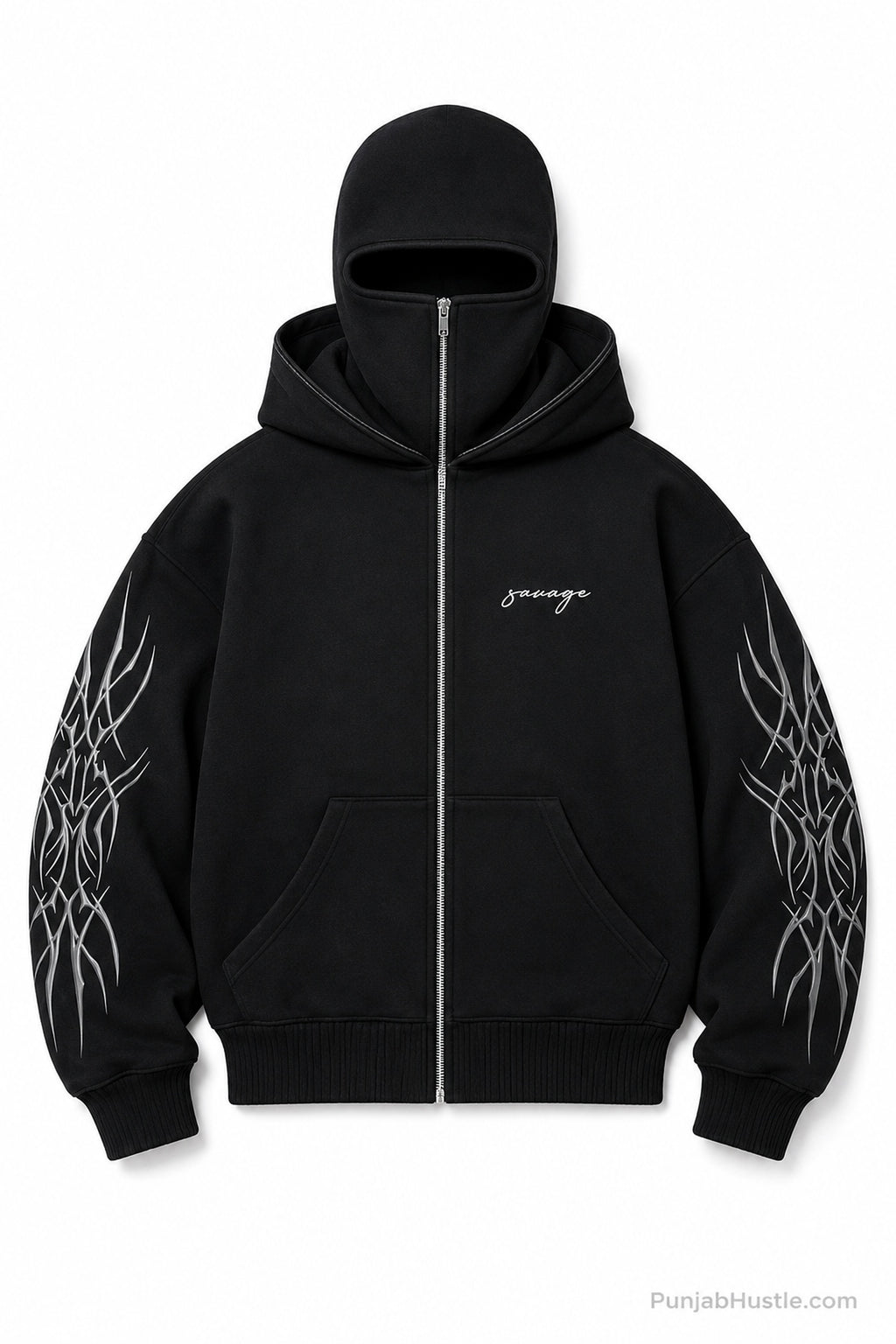 Black ninja balaclava zip-up hoodie with silver sleeve graphics shown from the front.
