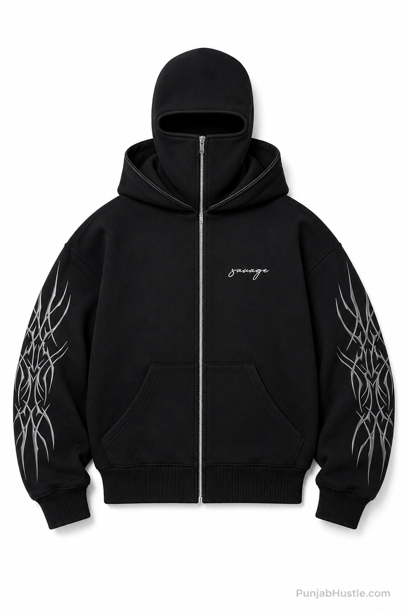 Black ninja balaclava zip-up hoodie with silver sleeve graphics shown from the front.