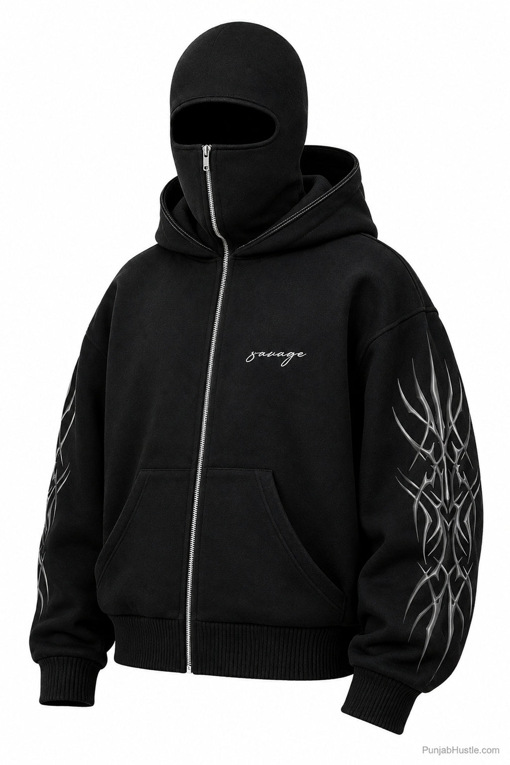 Three-quarter view of black balaclava zip hoodie with silver zipper and sleeve graphics.

