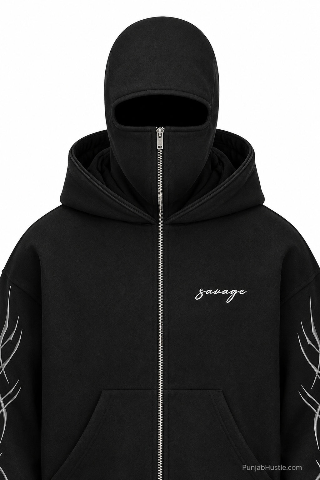 Close-up of built-in balaclava face covering and full zipper on black ninja hoodie.
