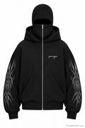 lack ninja balaclava zip-up hoodie with silver sleeve graphics on white background.