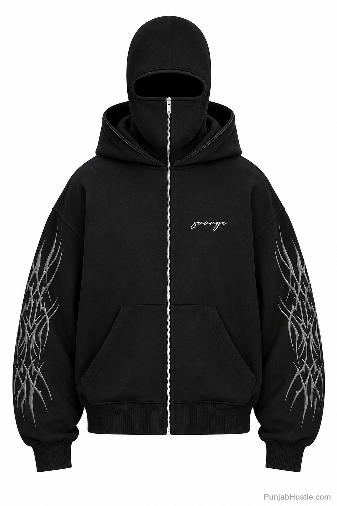 lack ninja balaclava zip-up hoodie with silver sleeve graphics on white background.