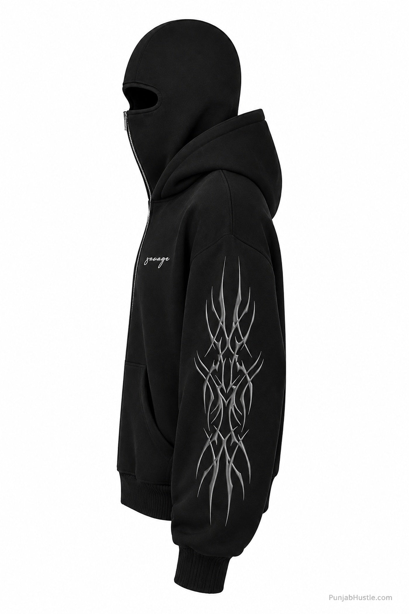 Side view of black ninja hoodie showing integrated face covering and silver sleeve design.