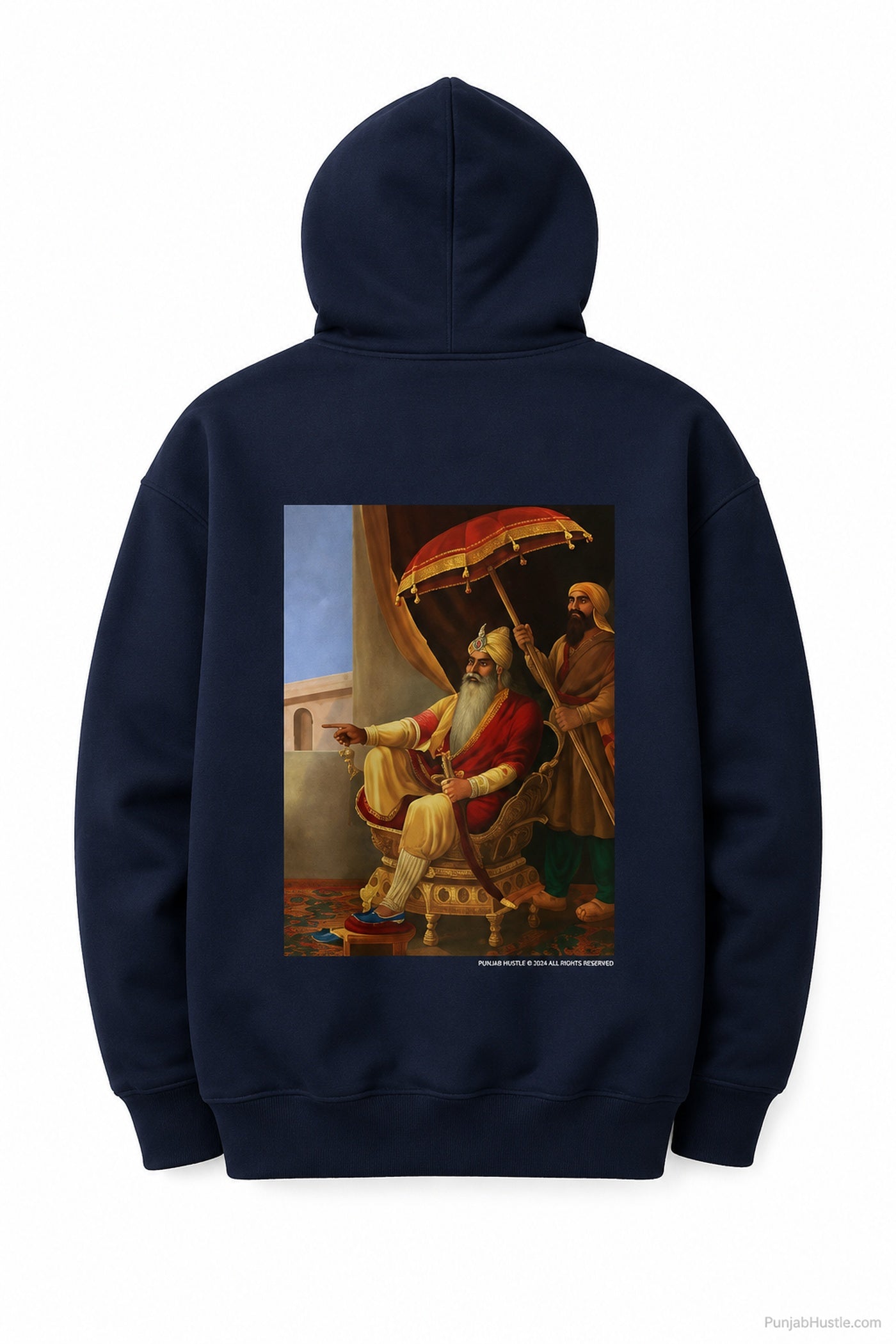 Back view of navy Sher-E-Panjab hoodie featuring Maharaja Ranjit Singh historical artwork.