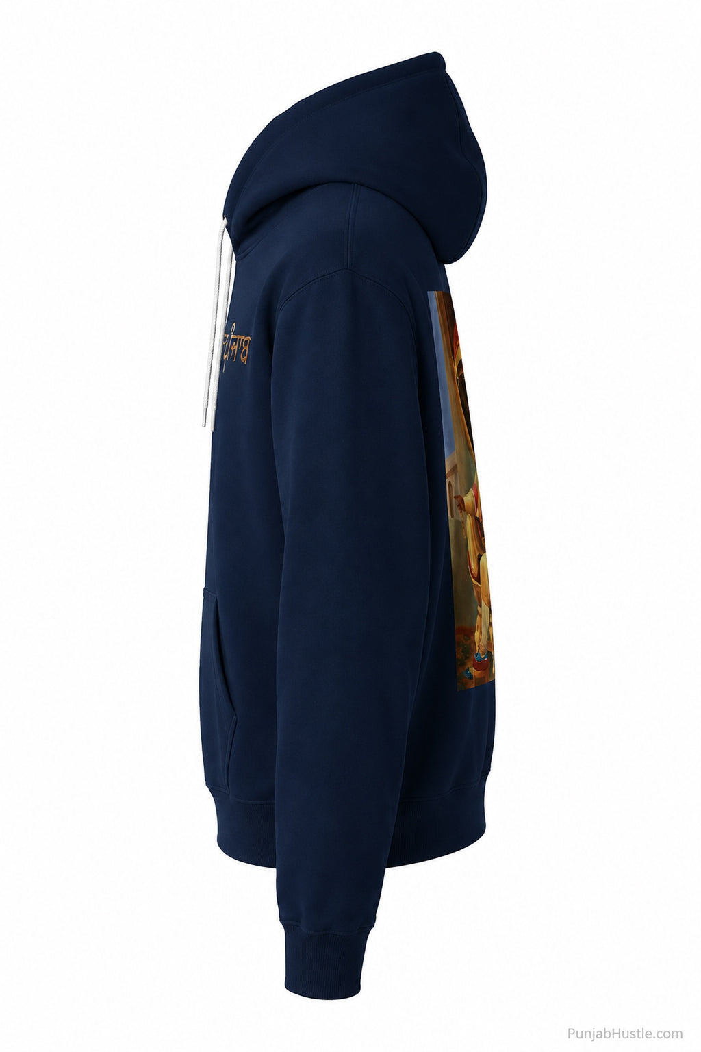 Side view of navy blue Sher-E-Panjab hoodie showing hood, sleeve and back artwork.