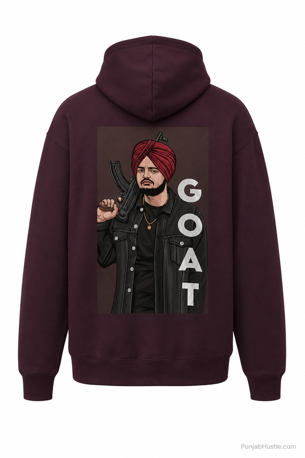 Back view of red Sidhu Moose Wala hoodie featuring a large GOAT tribute graphic.