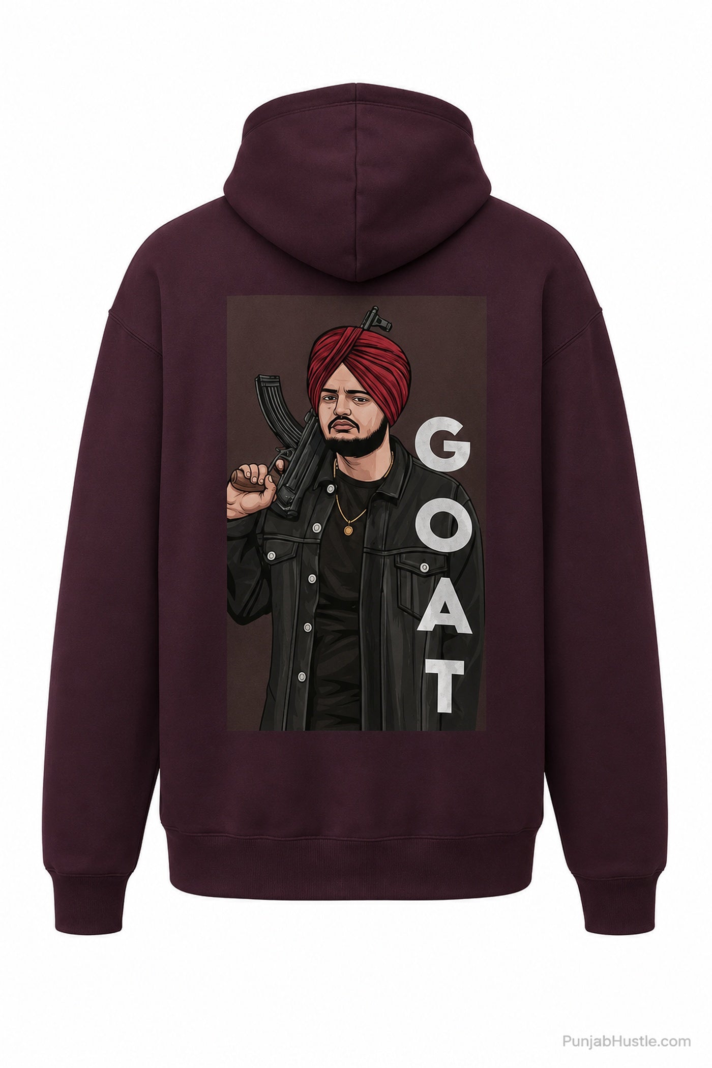 Back view of red Sidhu Moose Wala hoodie featuring a large GOAT tribute graphic.