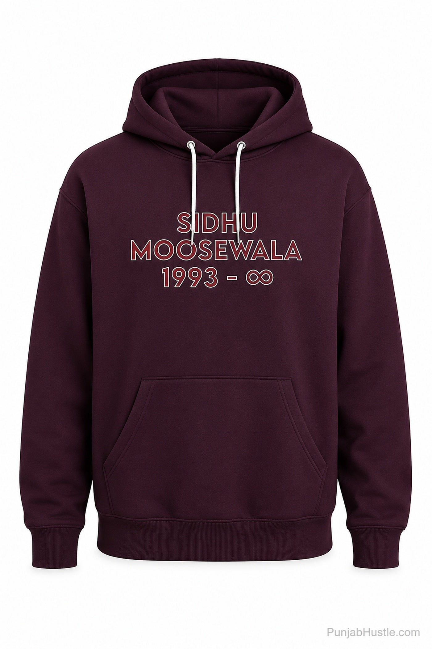 Red Sidhu Moose Wala unisex hoodie flat lay with front tribute design on white background.
