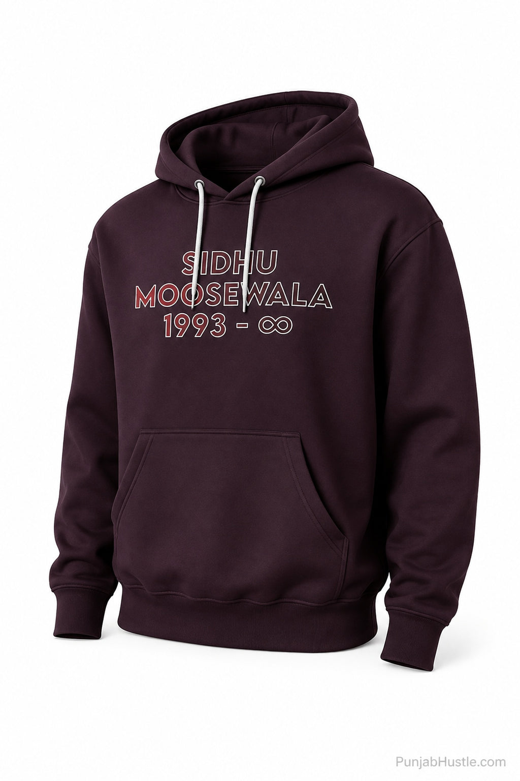 Three-quarter front view of red Sidhu Moose Wala cotton hoodie with tribute lettering.
