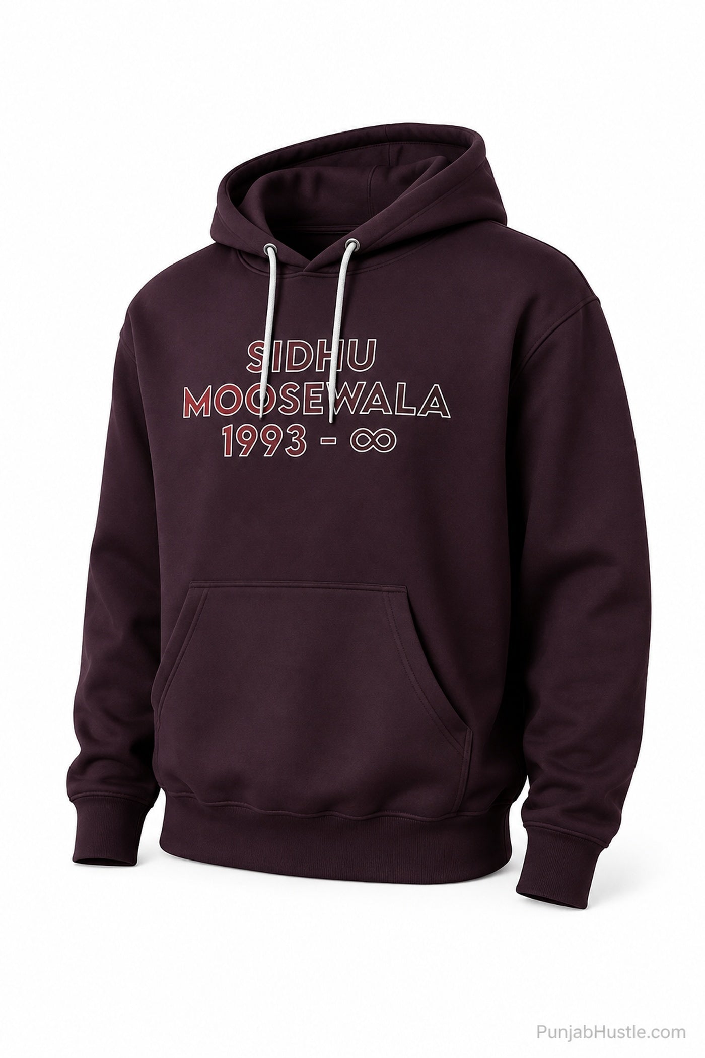 Three-quarter front view of red Sidhu Moose Wala cotton hoodie with tribute lettering.