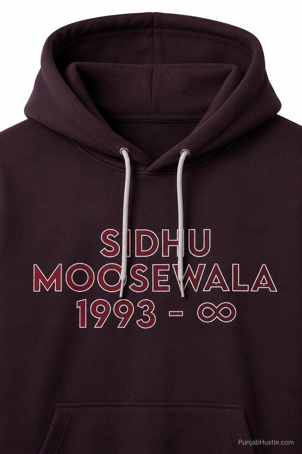 Close-up of Sidhu Moose Wala 1993 infinity front print and drawstrings on red hoodie.