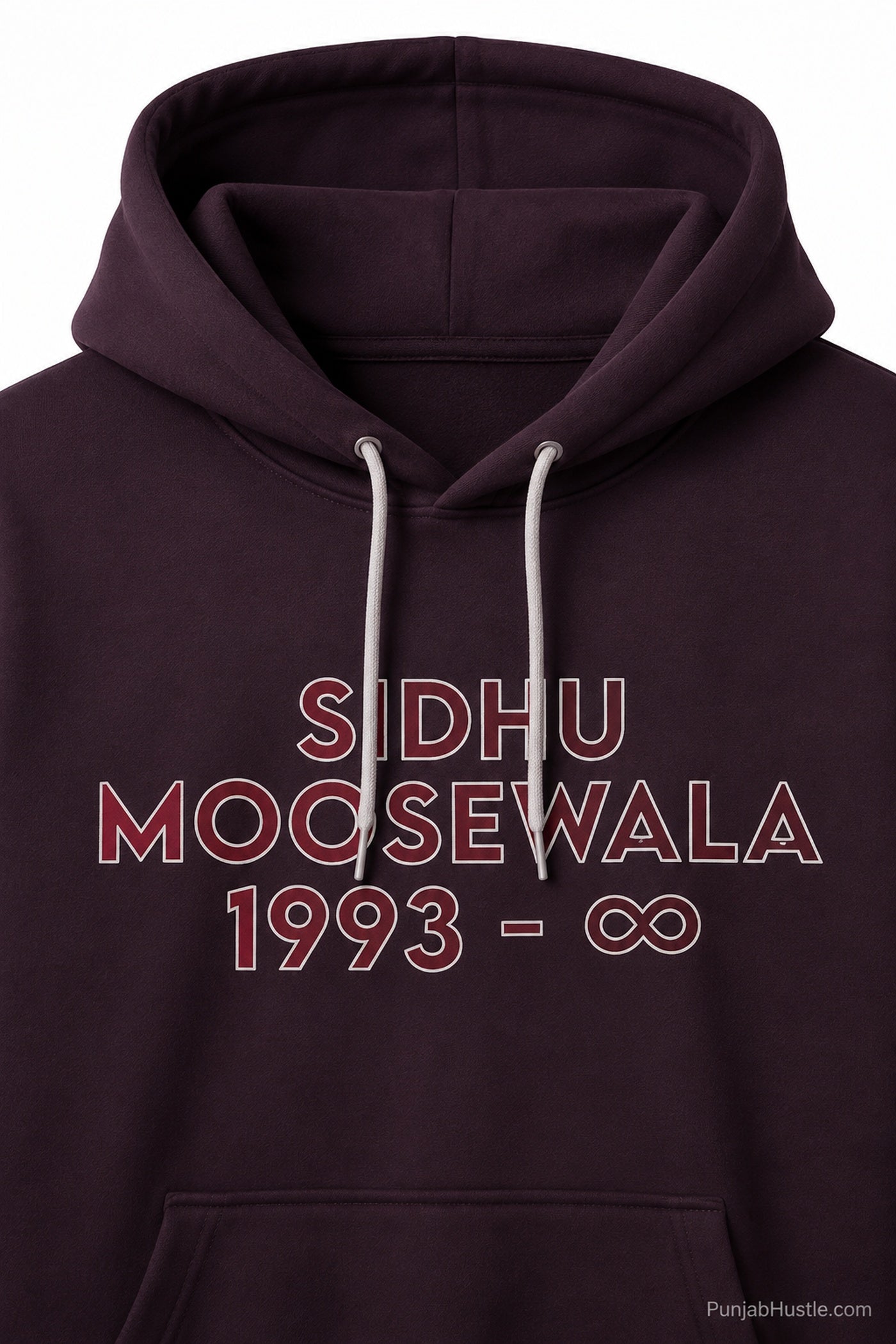 Close-up of Sidhu Moose Wala 1993 infinity front print and drawstrings on red hoodie.