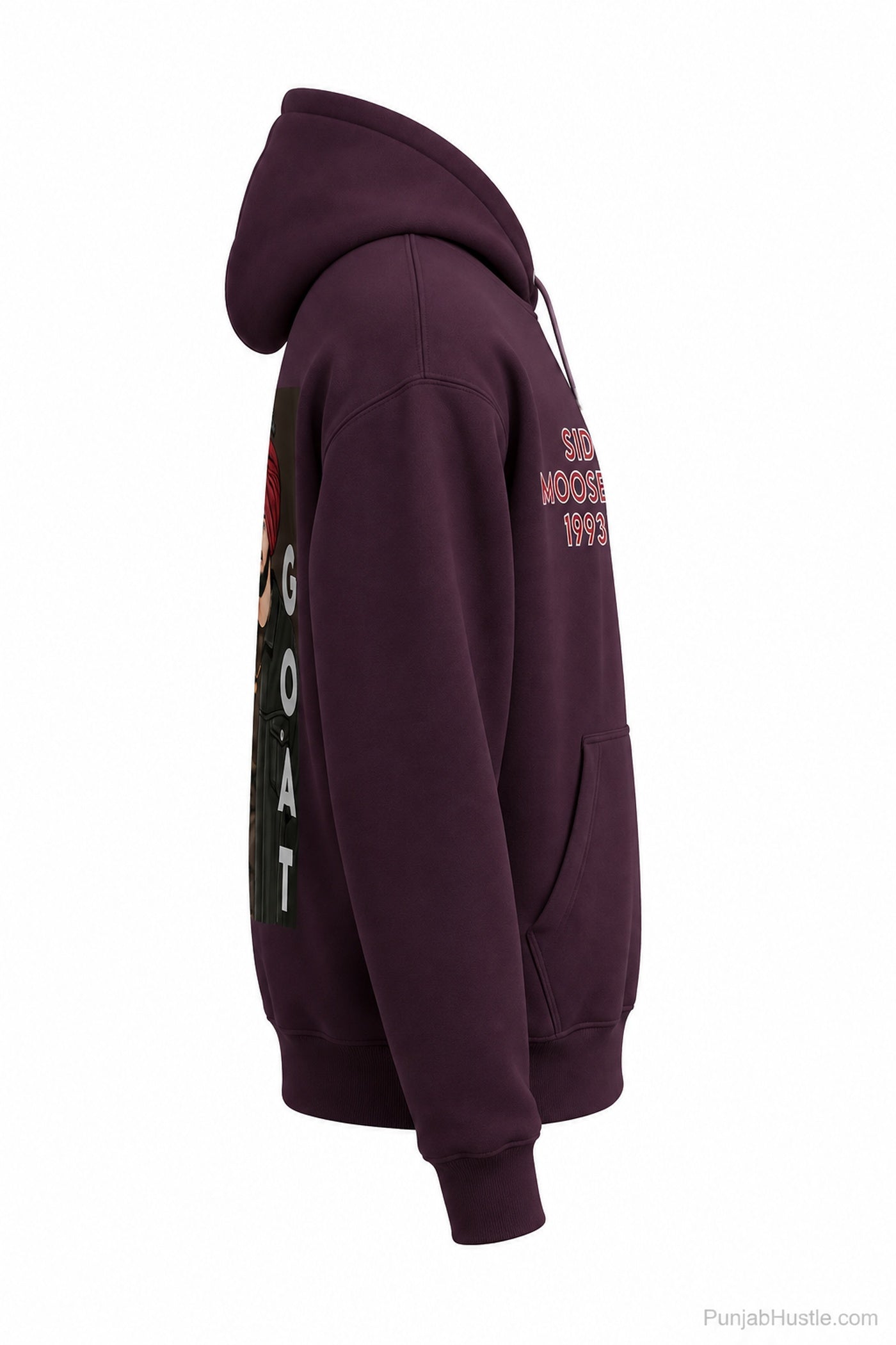 Side view of red Sidhu Moose Wala hoodie showing hood, sleeve and back graphic.