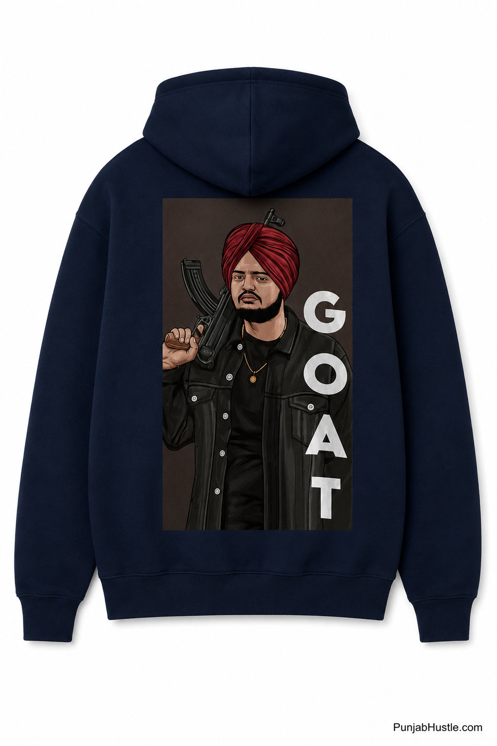 Back view of navy blue Sidhu Moose Wala hoodie featuring a large GOAT tribute graphic.
