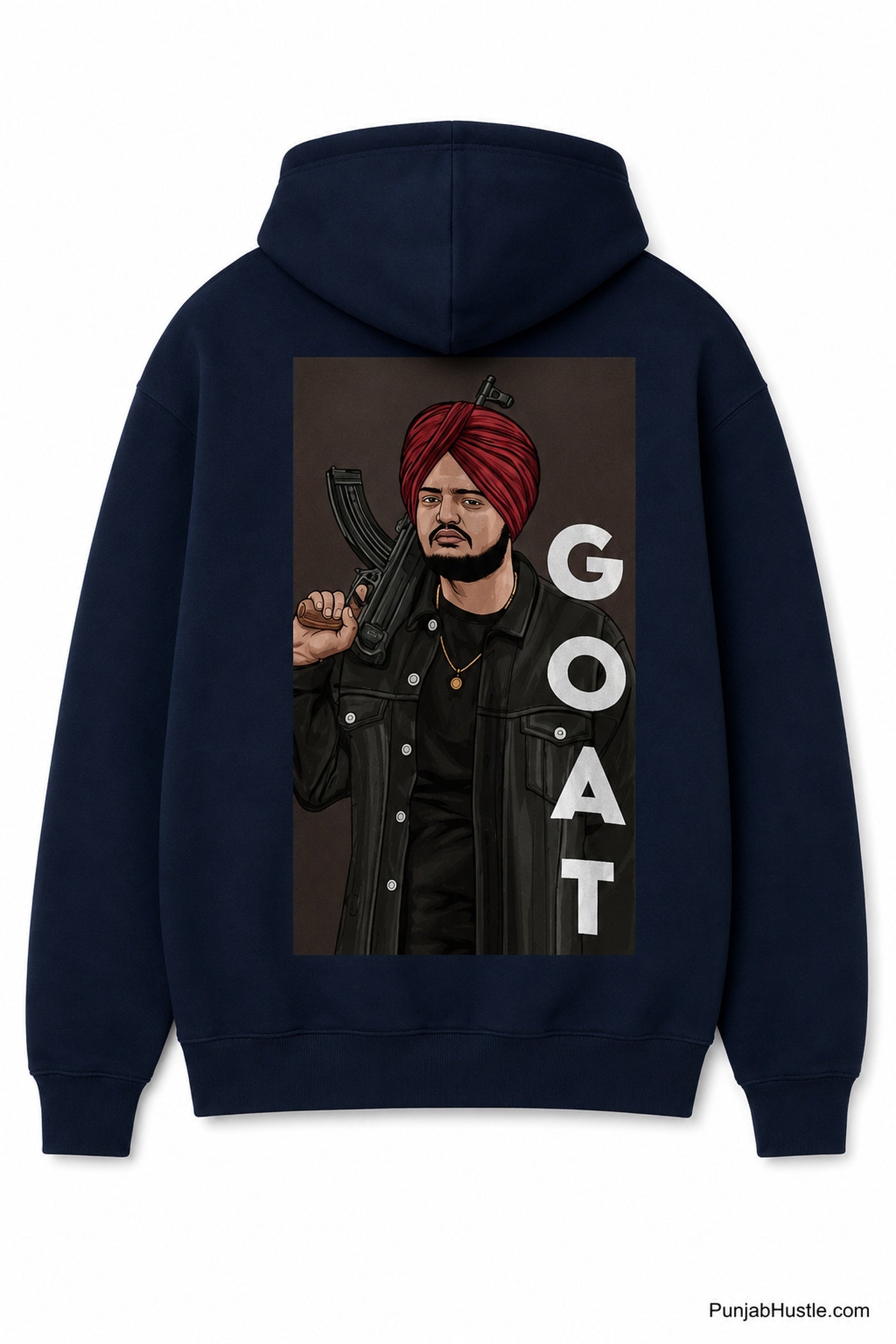 Back view of navy blue Sidhu Moose Wala hoodie featuring a large GOAT tribute graphic.
