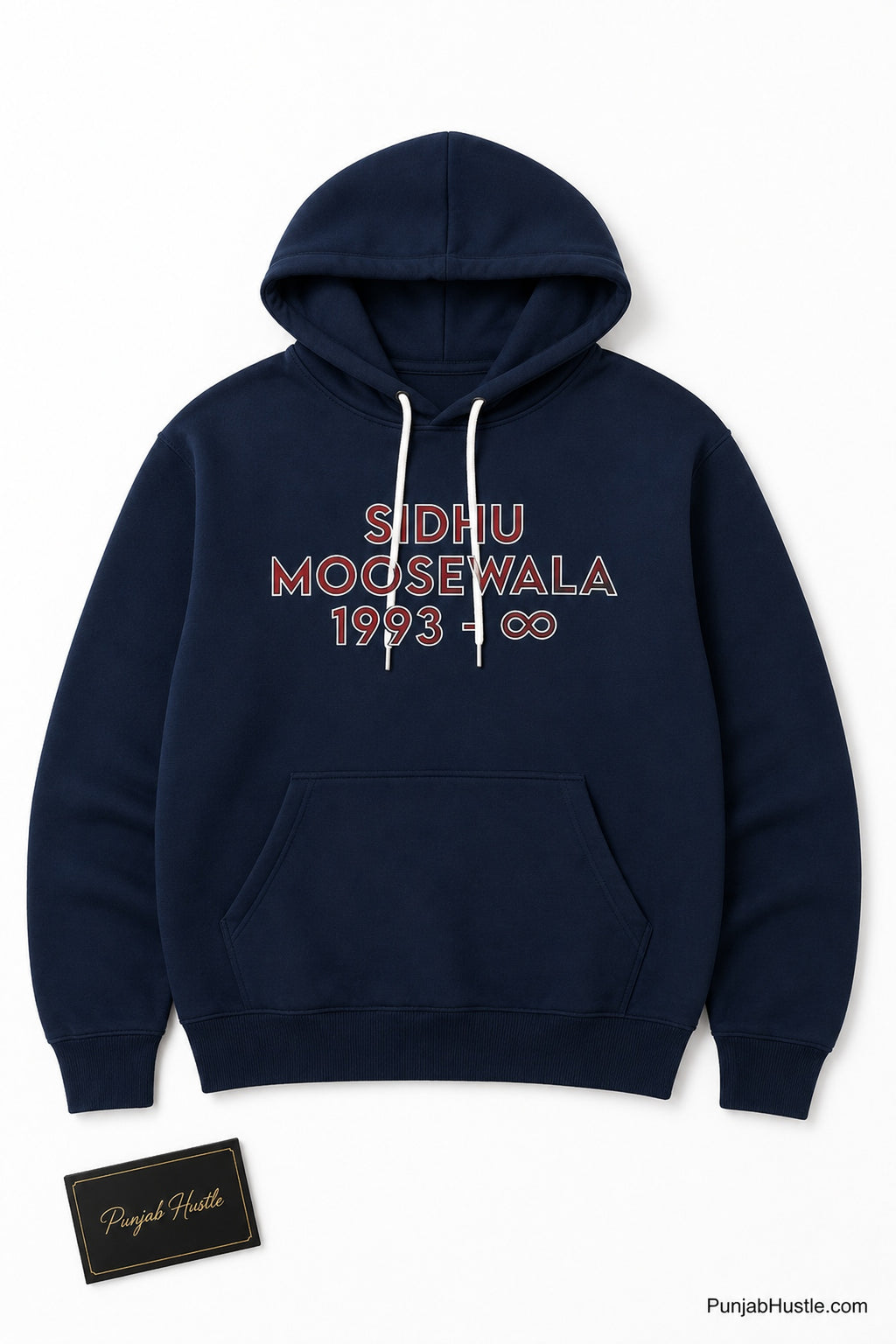 Navy Blue Sidhu Moose Wala unisex hoodie flat lay with front tribute design on white background.
