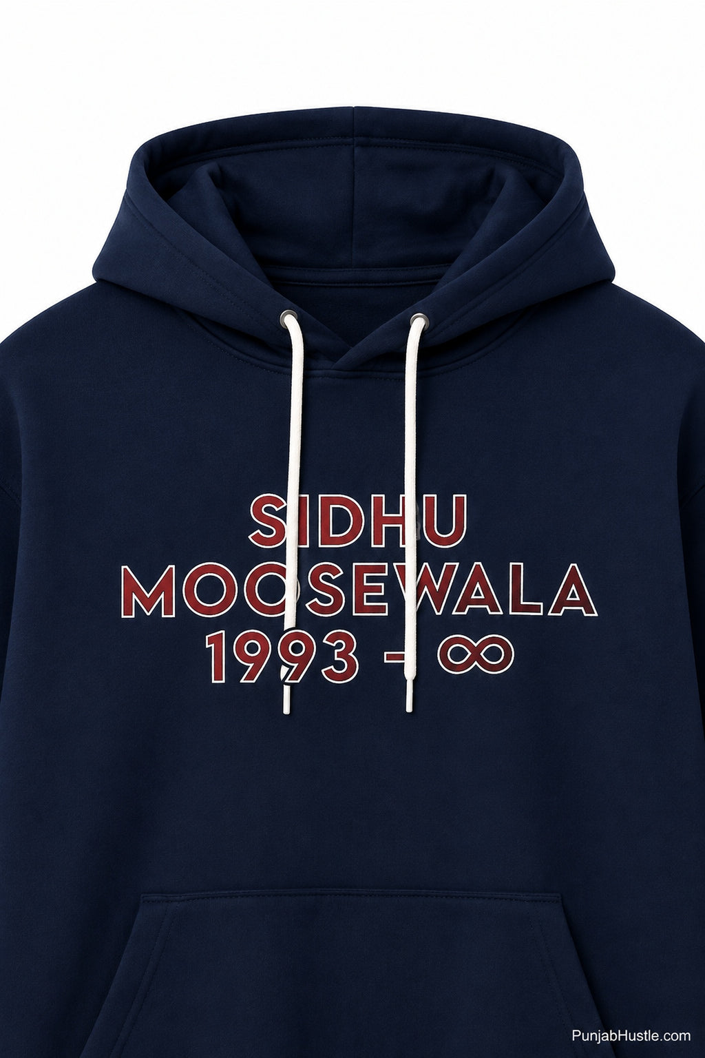 Close-up of Sidhu Moose Wala 1993 infinity front print and drawstrings on navy blue hoodie.