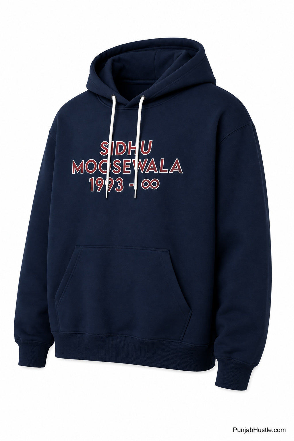 Three-quarter front view of navy blue Sidhu Moose Wala cotton hoodie with tribute lettering.