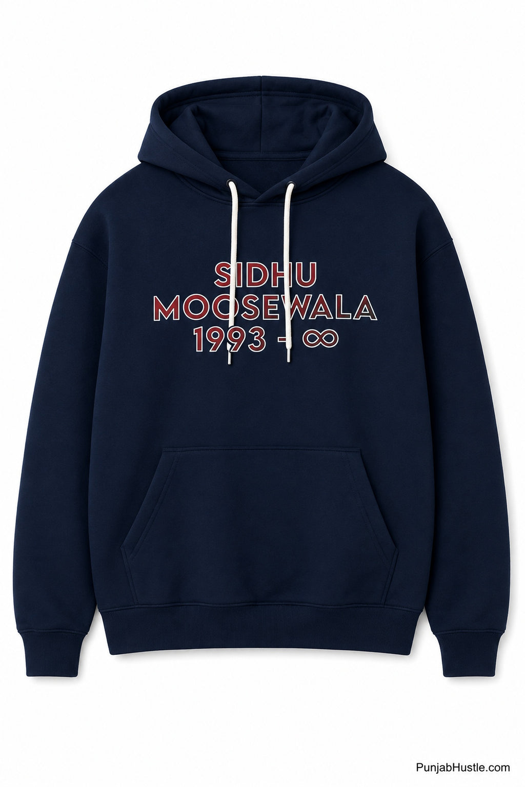 Navy Blue Sidhu Moose Wala unisex hoodie with 1993 infinity tribute design on the front.